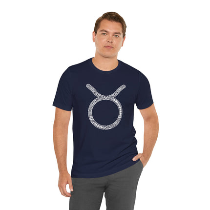 Navy t-shirt featuring an ornate white Taurus zodiac symbol with a Celtic knot design.