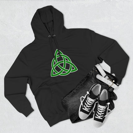 Green Celtic Triquetra knot symbol printed on a black pullover hoodie.