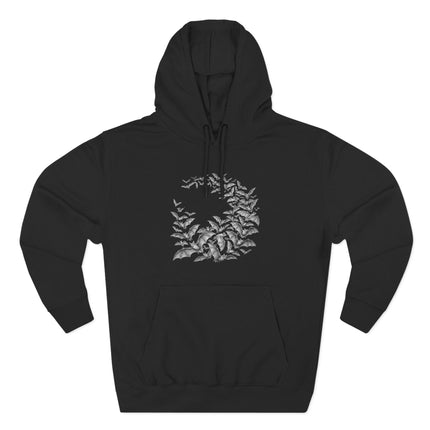 Gothic bat swarm circle graphic design on a black pullover hoodie.