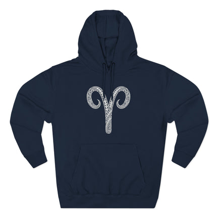 Aries zodiac tribal symbol graphic on a dark blue pullover hoodie.