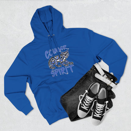 Blue cougar spirit hoodie featuring a mountain lion graphic and tribal Indigenous art design.
