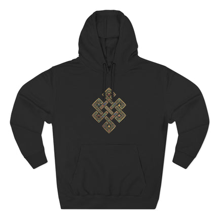 Black hoodie featuring the intricate Endless Knot, a Tibetan Buddhist symbol.