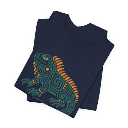 Mayan Iguana T-Shirt | Green Geometric Lizard with Striped Crest Tee