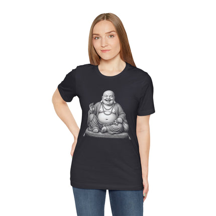 Laughing Buddha graphic tee featuring the smiling Hotei Zen figure on a black shirt.