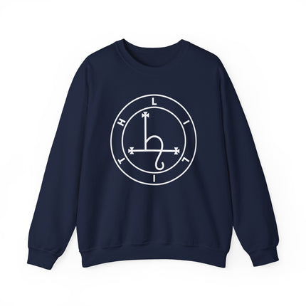 Occult Lilith sigil graphic on a dark blue witchy streetwear sweatshirt.