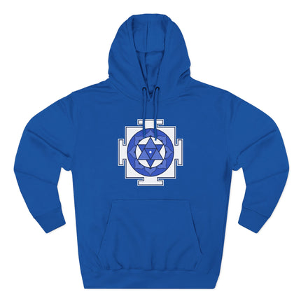 Shiva Yantra sacred geometry print on a royal blue unisex pullover hoodie.