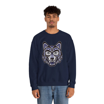 Pacific Northwest style wolf head graphic sweatshirt featuring indigenous formline art design.