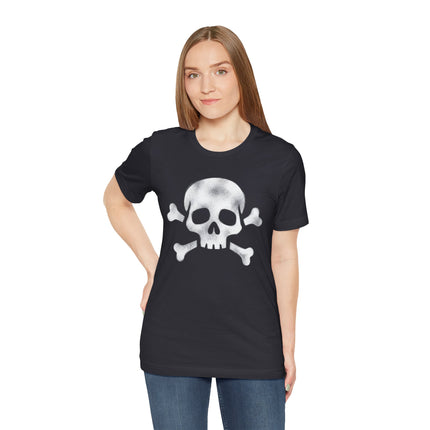 Distressed skull and crossbones graphic tee on a black t-shirt.