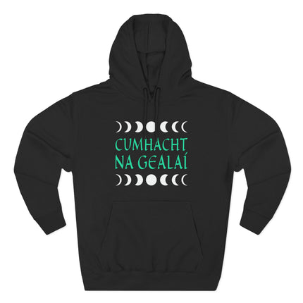 Irish Gaelic moon power hoodie design with celestial phases and lunar symbols.