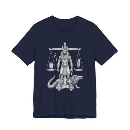 Anubis god with scales of justice, depicting Egyptian afterlife judgment art on a t-shirt.
