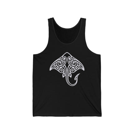 Polynesian tribal stingray graphic on a black tank top, featuring white ocean art.