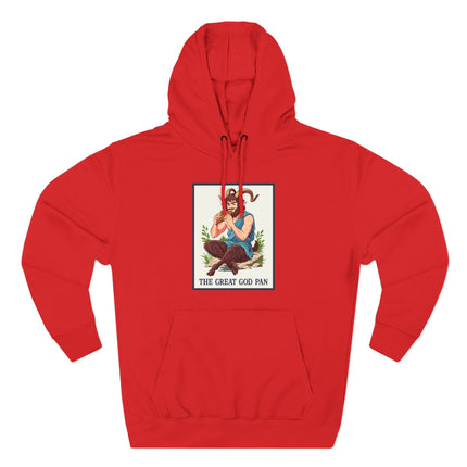 The Great God Pan satyr graphic on a red hoodie. Greek mythology design apparel.