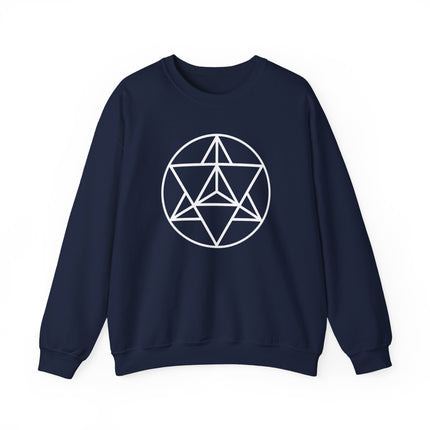 Sacred geometry Merkaba symbol graphic on a unisex spiritual pullover sweatshirt.