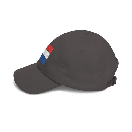 Embroidered Netherlands flag baseball cap in dark gray. Dutch national pride accessory.