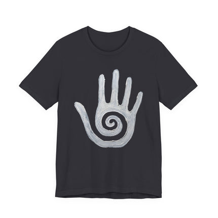White Hopi healing hand and spiral symbol on a black t-shirt.
