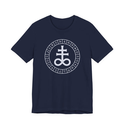 T-shirt with occult graphic: Leviathan Cross surrounded by alchemical and esoteric symbols.