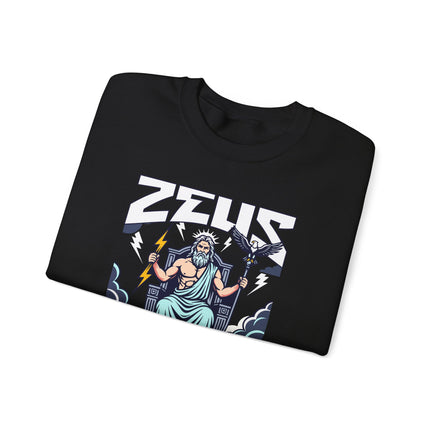Zeus King of the Gods graphic sweatshirt featuring Greek mythology lightning bolt design.