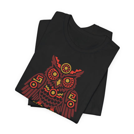 Aztec Owl T-Shirt | Rust and Gold Symmetrical Bird Illustration Tee