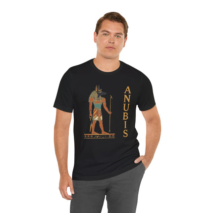 Anubis jackal god graphic t-shirt featuring ancient Egyptian mythology art.