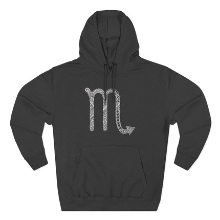 Tribal scorpio zodiac symbol on a black astrology hoodie featuring knotwork design.