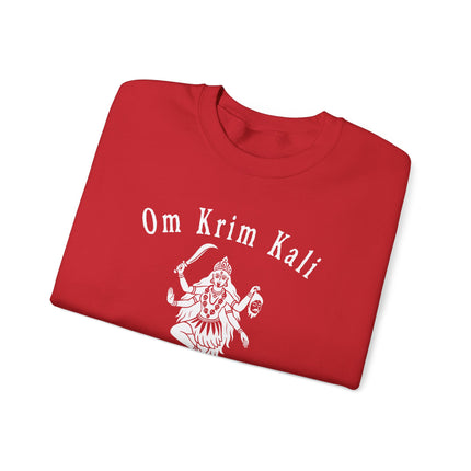 Goddess Kali Om Krim mantra design printed on spiritual Hindu pullover sweatshirt.
