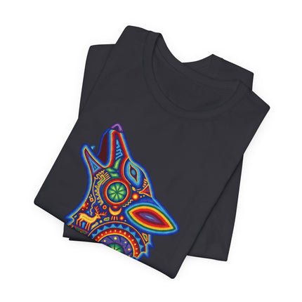 Howling wolf psychedelic graphic tee in vibrant Mexican Huichol folk art style.