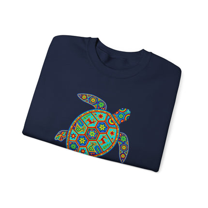 Huichol turtle art sweatshirt featuring vibrant geometric Mexican folk patterns pullover.
