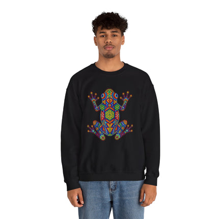 Vibrant geometric frog graphic on black sweatshirt, inspired by Mexican Huichol indigenous art.