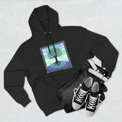 Black hoodie with Celtic Tree of Life graphic, featuring mystical roots and nature symbolism.