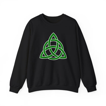 Green Celtic Triquetra knot graphic on a black pullover sweatshirt.