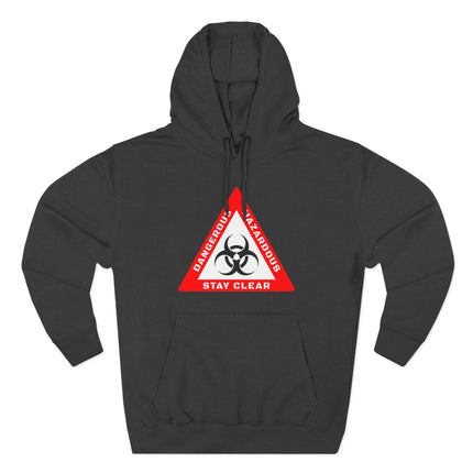 Black hoodie featuring a red biohazard warning sign graphic with "Dangerous," "Hazardous," and "Stay Clear.