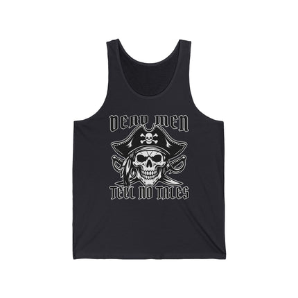 Pirate skull graphic tank top with "Dead Men Tell No Tales" pirate theme.