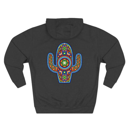 Vibrant Huichol cactus art print on a black hoodie. Mexican indigenous culture design.