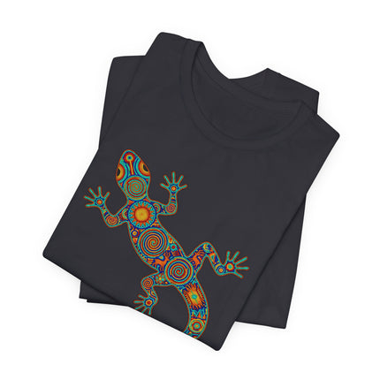 Vibrant Huichol lizard graphic tee featuring Mexican geometric folk art print.