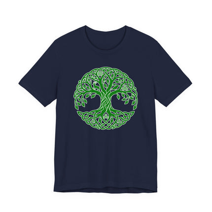 Green Celtic Tree of Life knotwork symbol on a navy t-shirt.