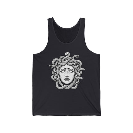 Medusa head illustration with snakes for hair on a black tank top.