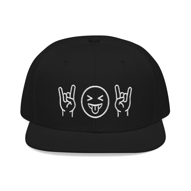 Black snapback with white embroidery: rock hand signs and a playful emoji face design.