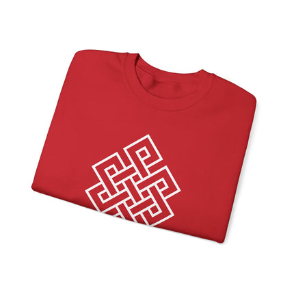 Black and white Endless Knot Buddhist symbol printed on a unisex pullover sweatshirt.