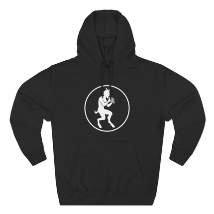 Satyr playing pan flute graphic on black hoodie. Greek mythology apparel.