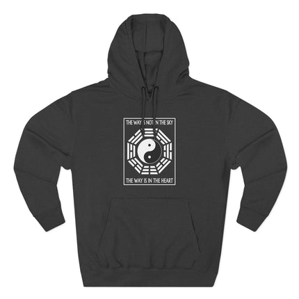 Black hoodie featuring Yin Yang symbol and "The Way Is In The Heart" Taoist philosophy graphic.