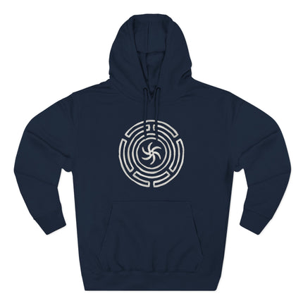 Hekate's Wheel Strophalos symbol on a dark blue pagan goddess hoodie.