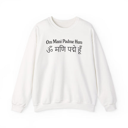 Om Mani Padme Hum mantra sweatshirt featuring Tibetan Buddhist script and spiritual design.