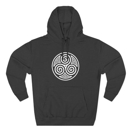 Celtic triskele symbol on black hoodie. Triple spiral knotwork design.