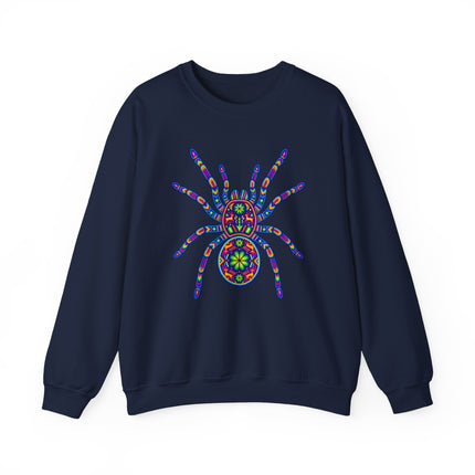 Colorful tarantula folk art graphic on a navy sweatshirt, featuring vibrant Mexican geometric design.