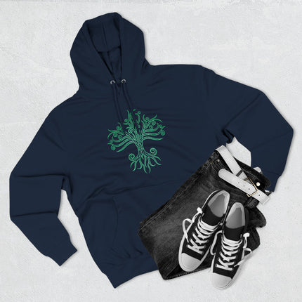 Celtic Tree of Life world tree graphic on a navy blue hoodie.