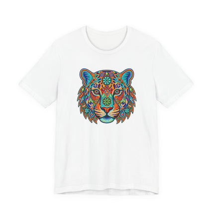 Colorful tribal jaguar head graphic tee featuring vibrant spirit animal art.