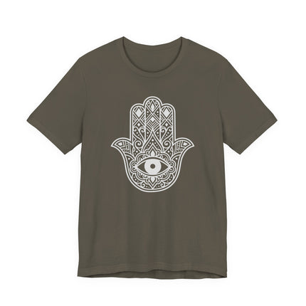 Hamsa hand and Evil Eye graphic on a brown unisex t-shirt.