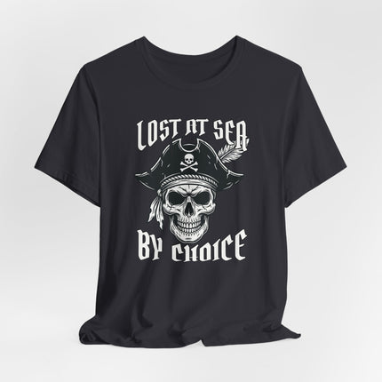 Nautical pirate skull graphic tee featuring "Lost At Sea By Choice" text.
