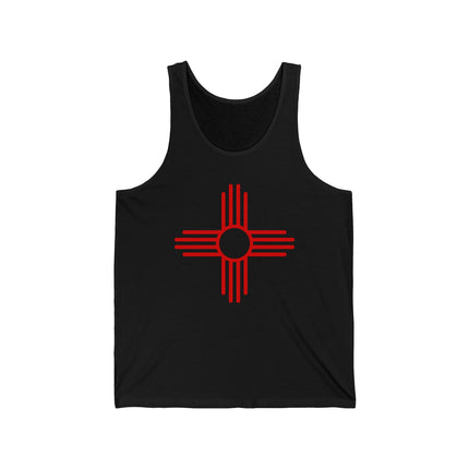 Black tank top featuring the red Zia Sun Symbol graphic. Southwestern Native American style apparel.