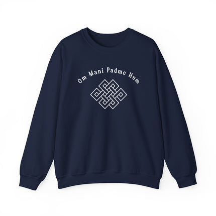 Om Mani Padme Hum mantra and endless knot symbol graphic on a spiritual pullover sweatshirt.